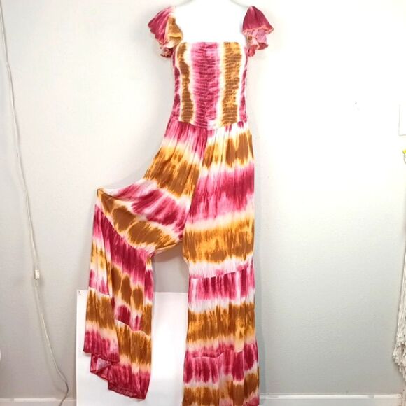 Women Festive Boho Beach Tie-Dye Sleeveless Wide Leg Jumpsuit sz 1X - Picture 1 of 10